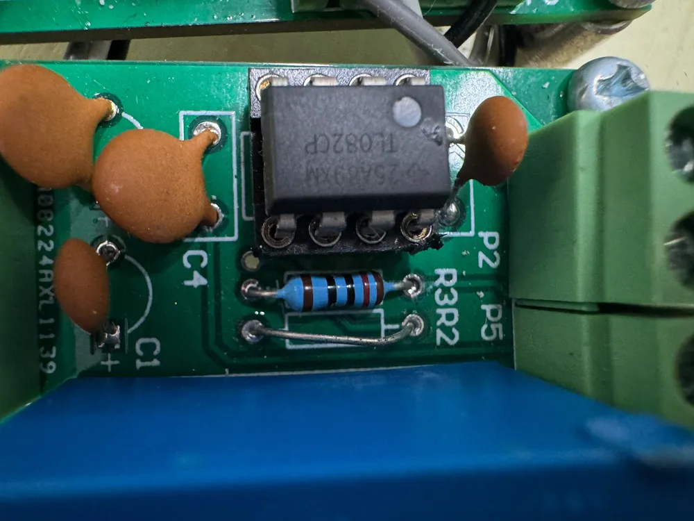 Close-up of a TL082 op-amp on the sensor board
